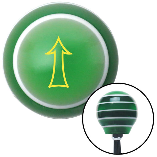 Yellow Fancy Outlined Directional Arrow Up Green Stripe Shift Knob with M16 x 15 Insert