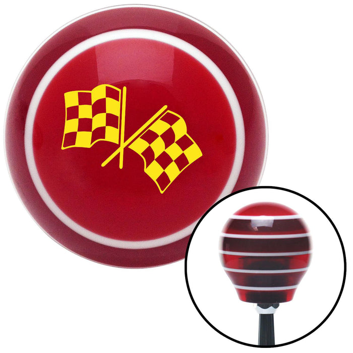 Yellow 2 Checkered Race Flags Red Stripe Shift Knob with M16 x 15 Insert