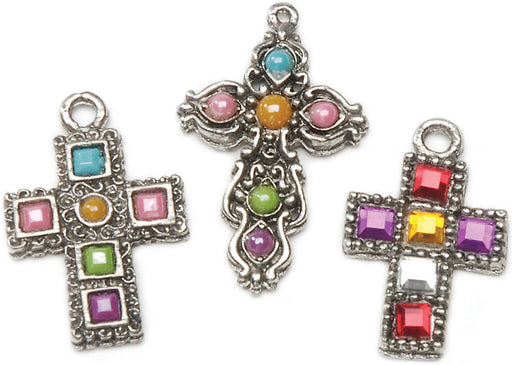 Rhinestone Cross Charms 3 Asstd/Pkg-Antique Silver