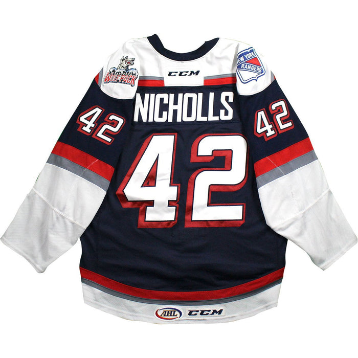 Josh Nicholls 2015-2016 Hartford Wolfpack Game Used #42 Navy Jersey (Set 2)(Size 56)