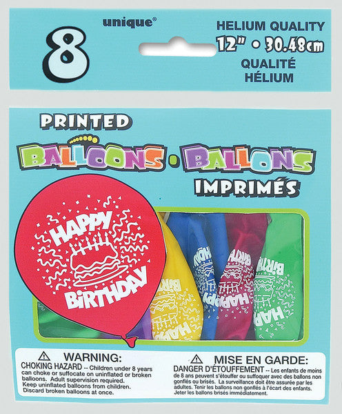 Happy Birthday Cake Printed Balloons, 8-Pack