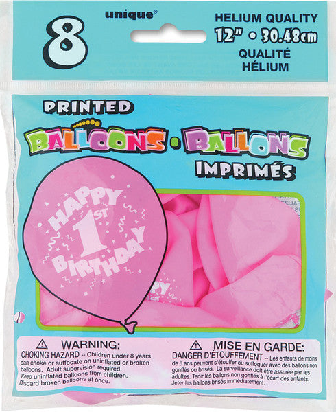 Happy 1st Birthday Pink Printed Balloons, 8-Pack