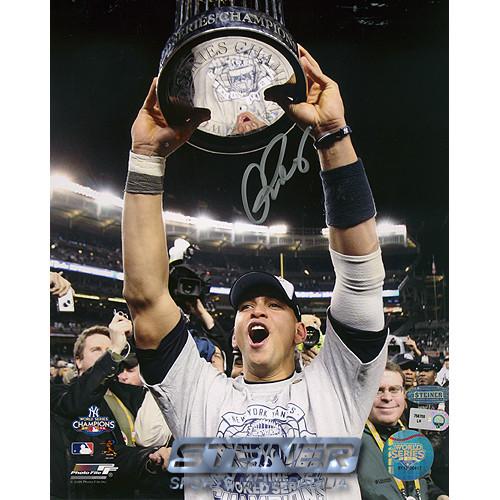 Alex Rodriguez Holding 2009 WS Trophy Vertical 8x10 Photo (MLB Auth)