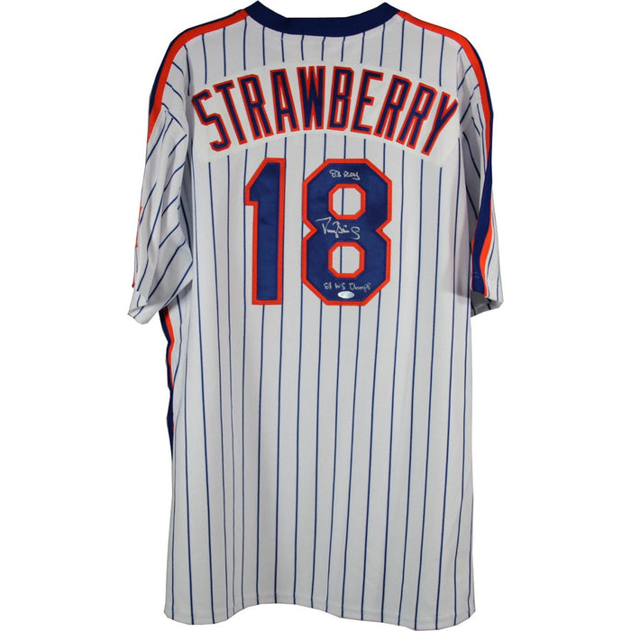 Darryl Strawberry Signed Authentic White Pinstripe Mets Jersey w 83 ROY 86 WS Champs insc (Signed on Back)