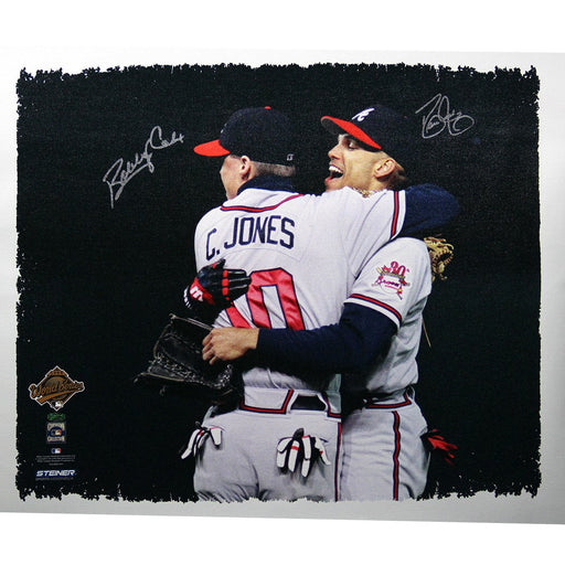 David JusticeBobby Cox Dual Signed Hugging Chipper Jones 22x26 Canvas