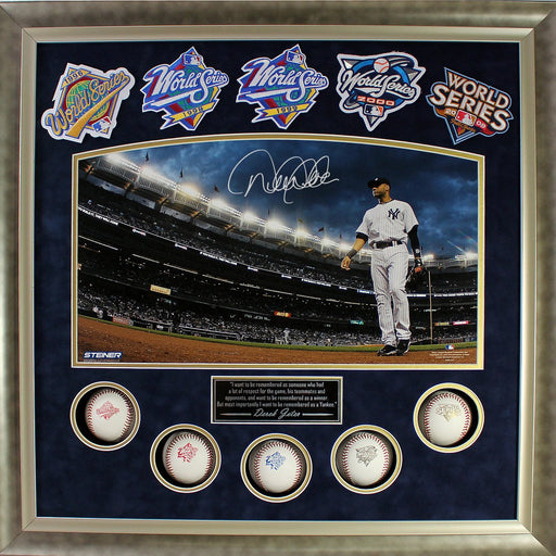 Derek Jeter Signed World Series Titles Framed Collage w 5 WS Balls and 5 WS Patches (24x24 7434)