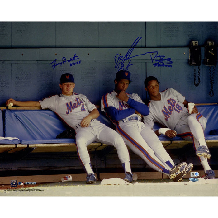 Dwight GoodenLenny DykstraDarryl Strawberry Mets Triple Signed On Bench Horizontal 16x20 Photo w Strawman Dr. K Nails Insc.