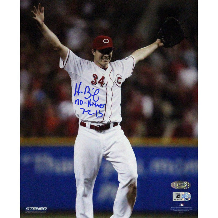 Homer Bailey Cincinnati Reds Hands Up Celebrating No-hitter Against Giants Signed Vertical 8x10 Photo w No Hitter 7-2-13 Insc