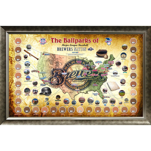 Major League Baseball Parks Map 20x32 Framed Collage w Game Used Dirt From 30 Parks - Brewers Version