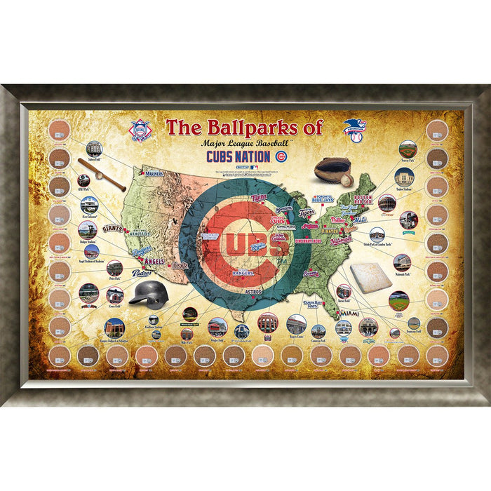 Major League Baseball Parks Map 20x32 Framed Collage w Game Used Dirt From 30 Parks - Cubs Version