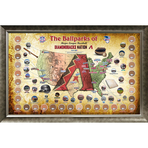 Major League Baseball Parks Map 20x32 Framed Collage w Game Used Dirt From 30 Parks - D-Backs Version