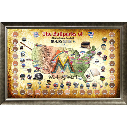 Major League Baseball Parks Map 20x32 Framed Collage w Game Used Dirt From 30 Parks - Marlins Version