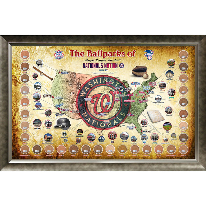 Major League Baseball Parks Map 20x32 Framed Collage w Game Used Dirt From 30 Parks - Nationals Version