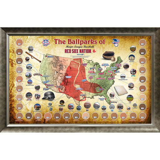 Major League Baseball Parks Map 20x32 Framed Collage w Game Used Dirt From 30 Parks - Red Sox Version