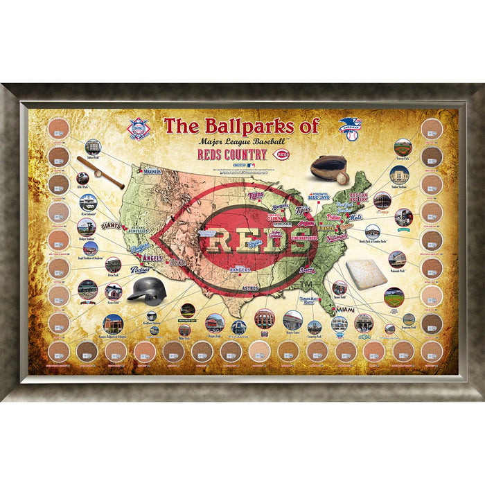 Major League Baseball Parks Map 20x32 Framed Collage w Game Used Dirt From 30 Parks - Reds Version