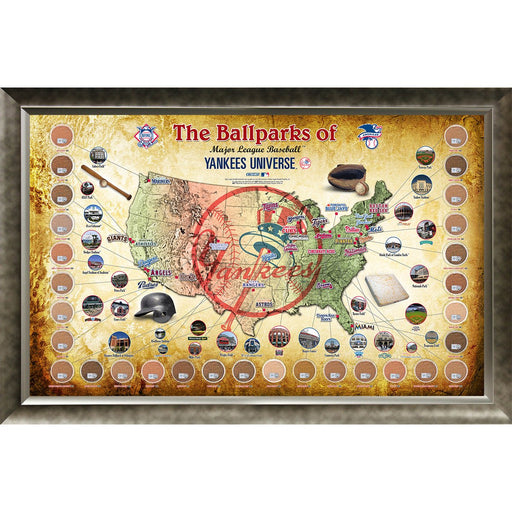 Major League Baseball Parks Map 20x32 Framed Collage w Game Used Dirt From 30 Parks - Yankees Version