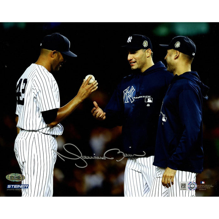 Mariano Rivera Mound Close Up Hand Ball To Pettitte & Jeter At Yankee Stadium Signed 8x10 Photo (MLB Auth)