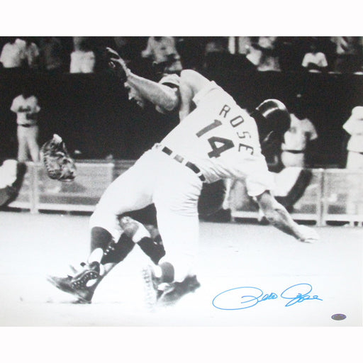 Pete Rose Signed Sliding Into Fosse Horizontal BW 16x20 Photo