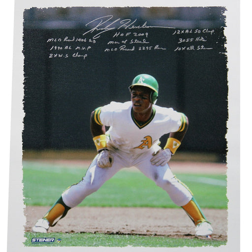 Rickey Henderson Signed MLB 22x26 Canvas w HOF 2009 Man of Steal 1990 AL MVP 2x WS Champ 10x AS 3055 Hits MLB Record 1406 SB MLB