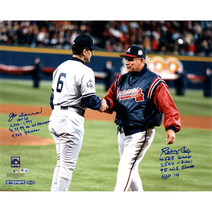 Bobby Cox Joe Torre Dual Signed 16x20 Photo w HOF 14 2504-2001 95 WS Champs 4508 Games Insc. by Bobb Cox & HOF 14 2326-1997 96 98