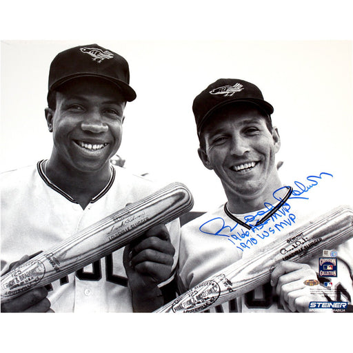 Brooks Robinson Signed Standing With Frank Robinson BW 16x20 Photo w 1966 ASG MVP 1970 WS MVP insc (MLB Auth)