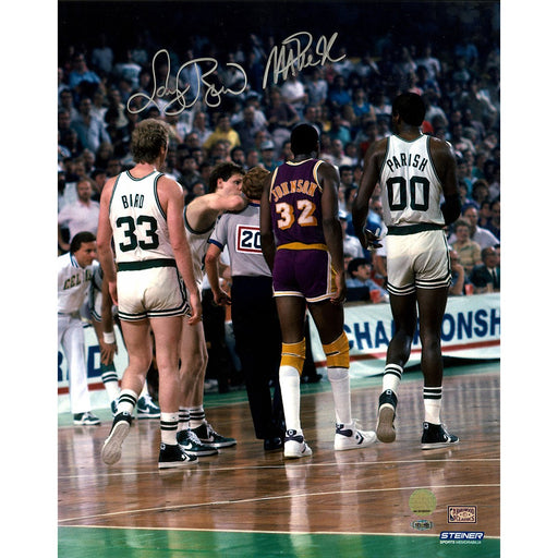 Magic JohnsonLarry Bird Dual Signed On Court with Robert Parish 16X20 Photo