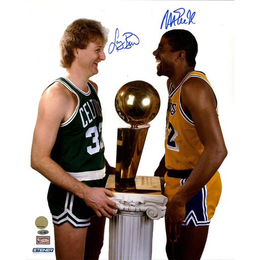 Magic JohnsonLarry Bird Dual Signed with Trophy 16X20 Photo