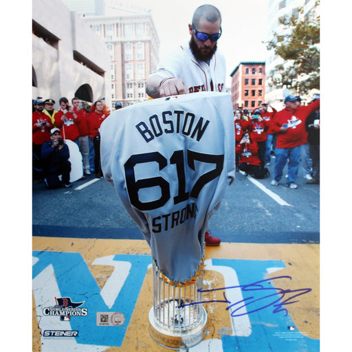 Jonny Gomes Signed World Series Tropy at Finish Line w Boston Strong Jersey 8x10 Photo (MLB Auth Only)