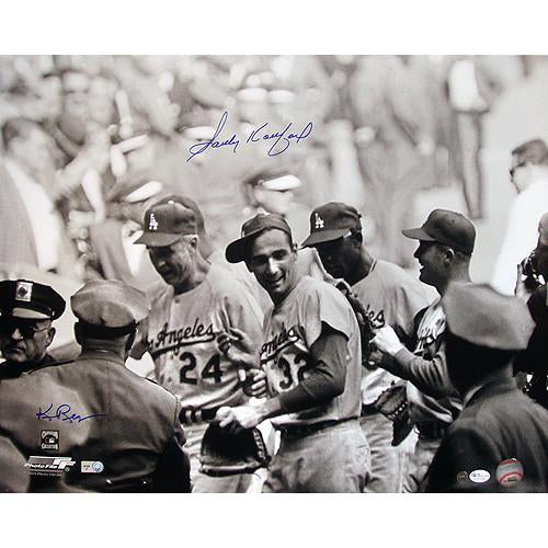 Sandy Koufax Celebrating w Teammates Horizontal BW 16x20 Photo (Signed By Ken Regan) (OA Auth) (MLB Auth)