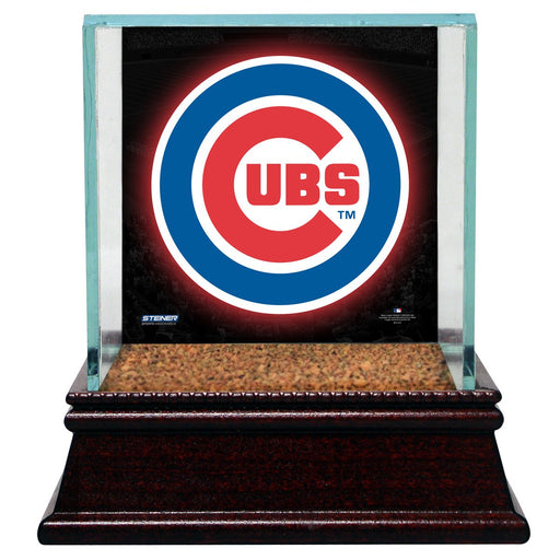 Chicago Cubs Glass Single Baseball Case with Team Logo Background and Authentic Field Dirt Base (MLB Auth)