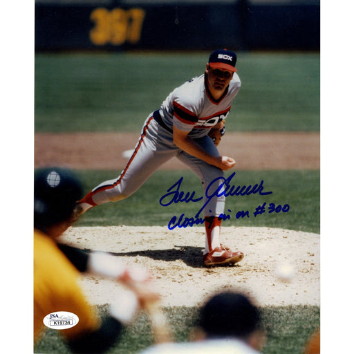 Tom Seaver signed vertical pitching with Chicago and batter in the picture w Closing in on 300 insc 8x10 (JSA)