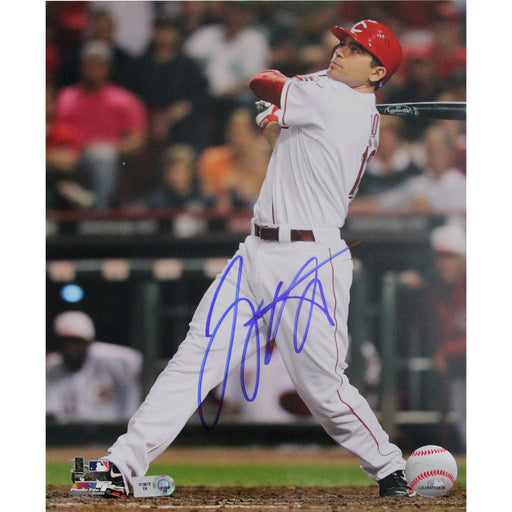 Joey Votto Signed Swing White Jersey Vertical 8x10 Photo (MLB Auth)