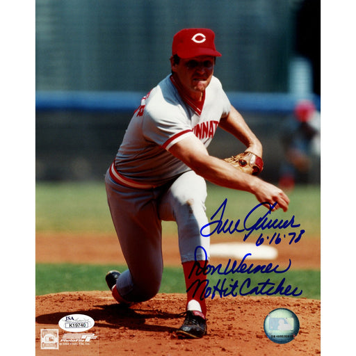 Tom Seaver signed vertical pitching with Cincinnati w 61678 Don Werner No Hit Catcher insc 8x10 (JSA)(MLB Auth)