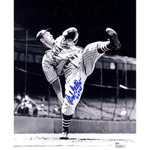 Bob Feller High Leg Kick Signed BW 8x10 Photo wHOF 62Insc. (JSA )