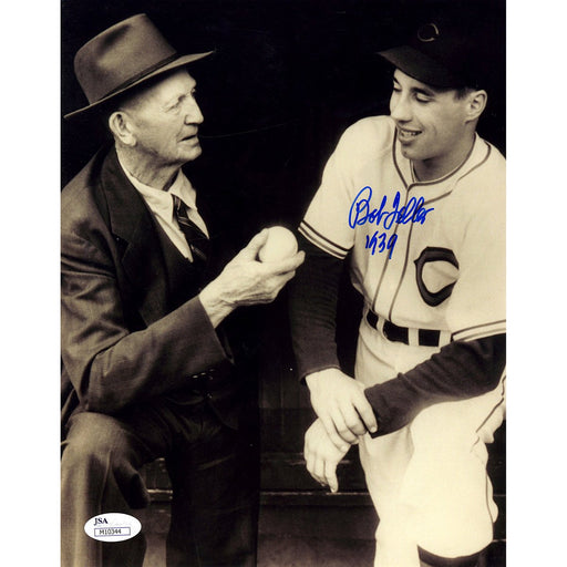 Bob Feller in Dougout Vertical BW 8X10 Photow1939Insc. (JSA)