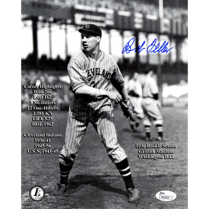 Bob Feller Signed Throwing Vertical Engraved Career Highlights Stats 8x10 Photo (JSA )