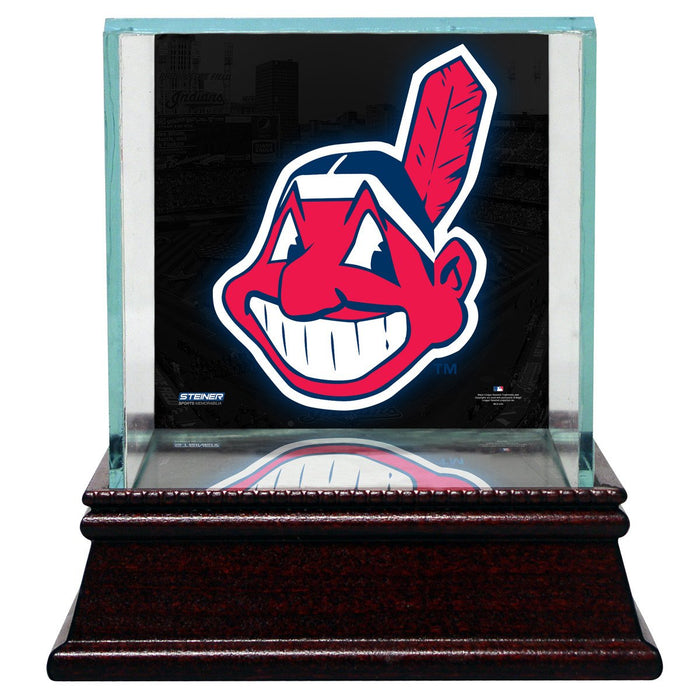 Cleveland Indians Glass Single Baseball Case with Team Logo Background