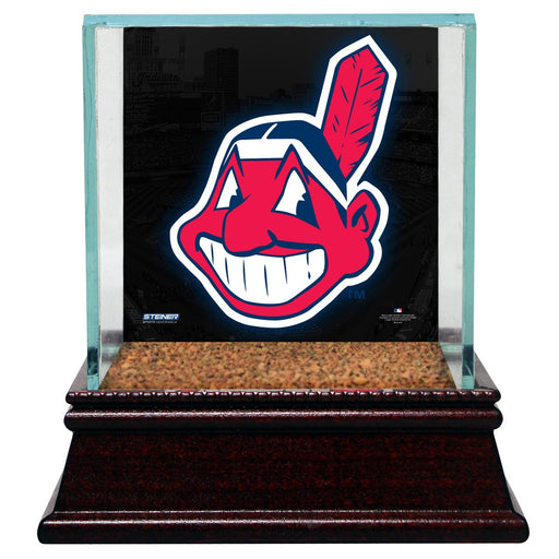 Cleveland Indians Glass Single Baseball Case with Team Logo Background and Authentic Field Dirt Base (MLB Auth)