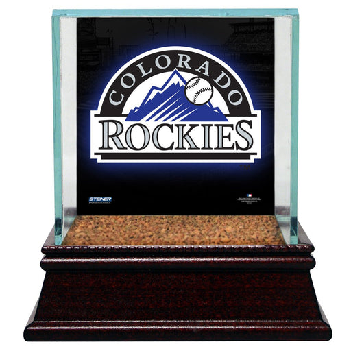 Colorado Rockies Glass Single Baseball Case with Team Logo Background and Authentic Field Dirt Base (MLB Auth)