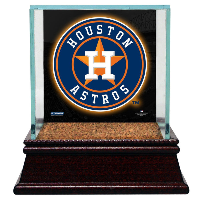 Houston Astros Glass Single Baseball Case with Team Logo Background and Authentic Field Dirt Base (MLB Auth)