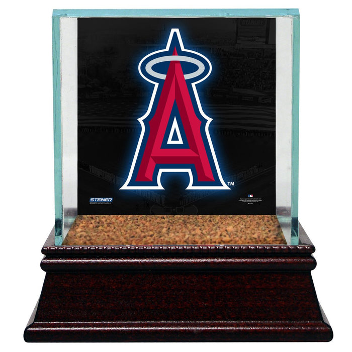 Los Angeles Angels of Anaheim Glass Single Baseball Case with Team Logo Background and Authentic Field Dirt Base (MLB Auth)