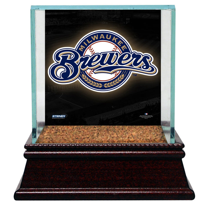 Milwaukee Brewers Glass Single Baseball Case with Team Logo Background and Authentic Field Dirt Base (MLB Auth)