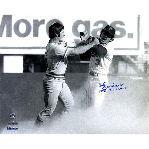 Bud Harrelson Signed BW Fighting With Pete Rose w 1973 NL Champs Insc 16x20 Photo