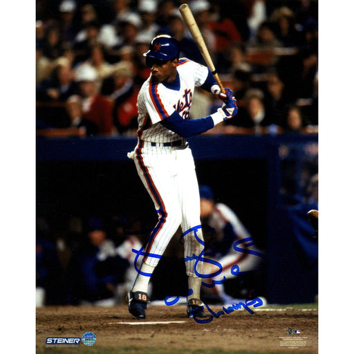 Darryl Strawberry Signed Batting in Mets Uniform 8x10 photo w 86 W.S. Champs Insc.