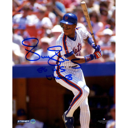 Darryl Strawberry Signed Batting in Mets Uniform Close Up View 8x10 Photo w 86 W.S. Champs Insc.