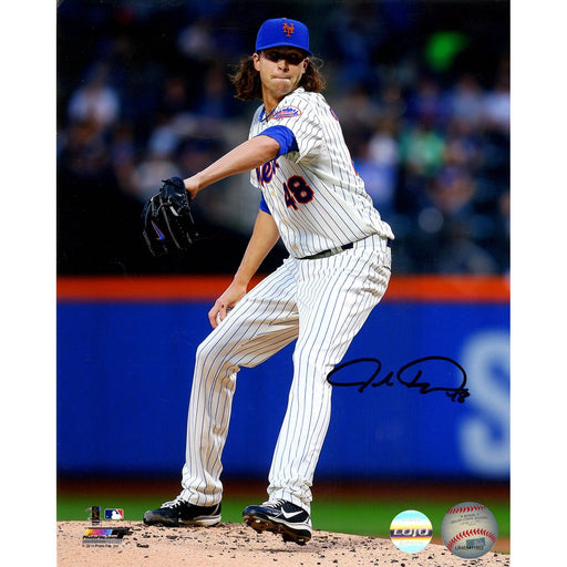 Jacob deGrom Signed New York Mets Vertical Pitching w Pinstripe Jersey 8x10 Photo (LOJO Sports)