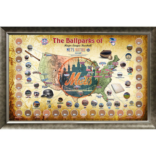 Major League Baseball Parks Map 20x32 Framed Collage w Game Used Dirt From 30 Parks - Mets Version