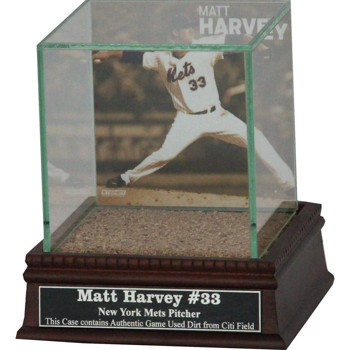 Matt Harvey Throwing Background Glass Single Baseball w Citi Field Authentic Dirt & Nameplate