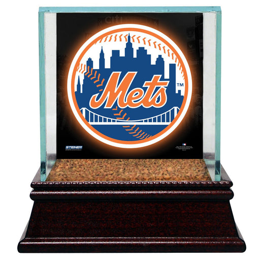 New York Mets Glass Single Baseball Case with Team Logo Background and Authentic Field Dirt Base