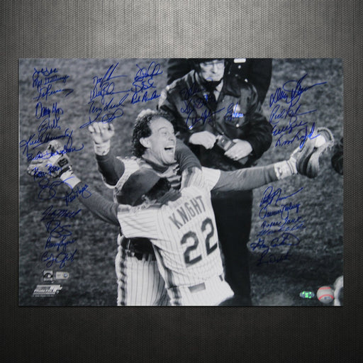 NY Mets 1986 Team Signed 16x20 Photo Knight Hugging Carter (35 Sigs) (WCarter)